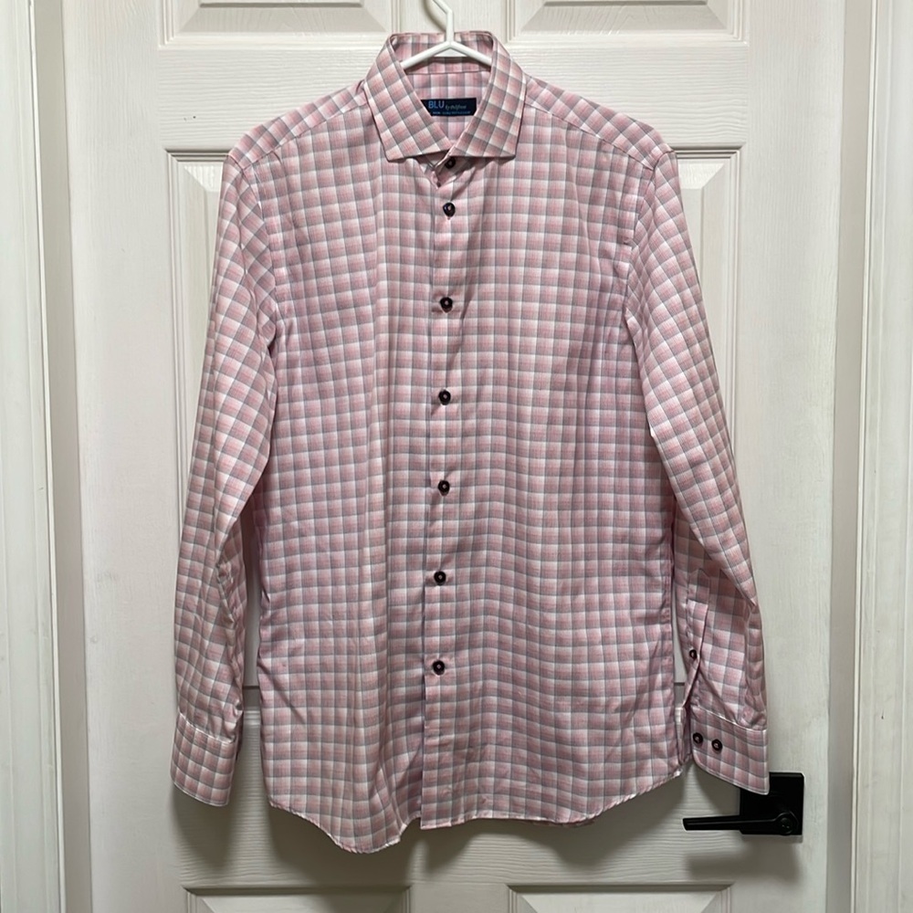 BLU By Polifroni |Cotton|Long Sleeve| 15.5 Neck |Collared|Pink/Gray|Button Do…